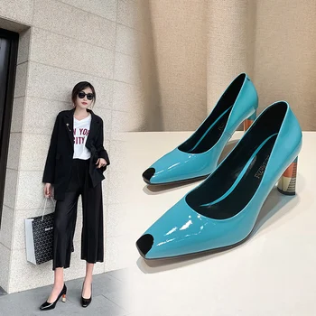 

INS hot women Pumps Genuine Leather 22-24.5cm Cowhide Small square head rainbow high heel 8cm shoes woman wedding shoes