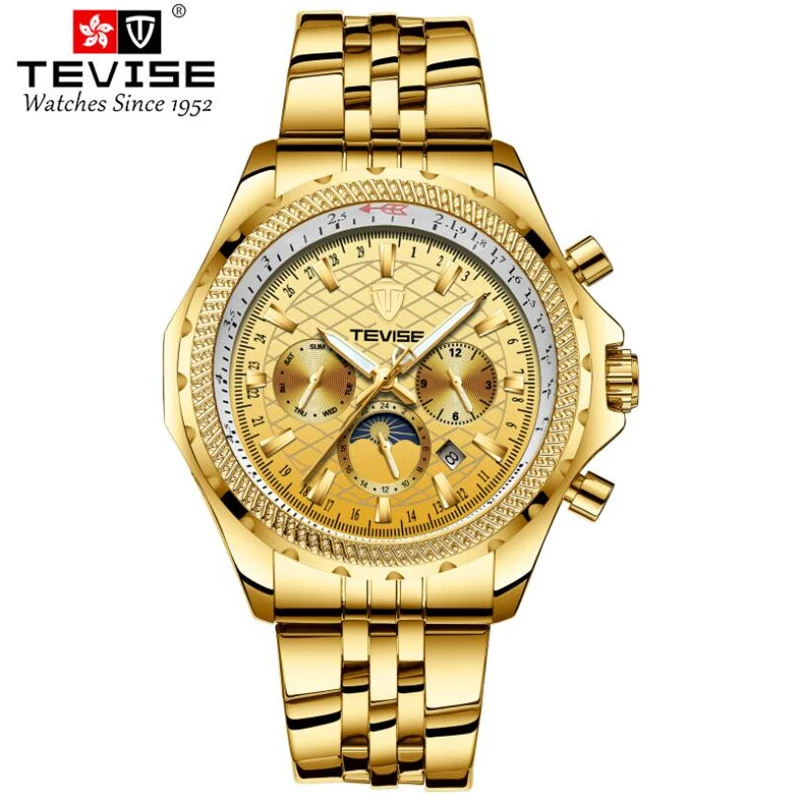 

Automatic Mechanical Mens Watches Top Brand Luxury Golden Clock Moon Phase Date Stainless Steel Strap Military Wristwatch