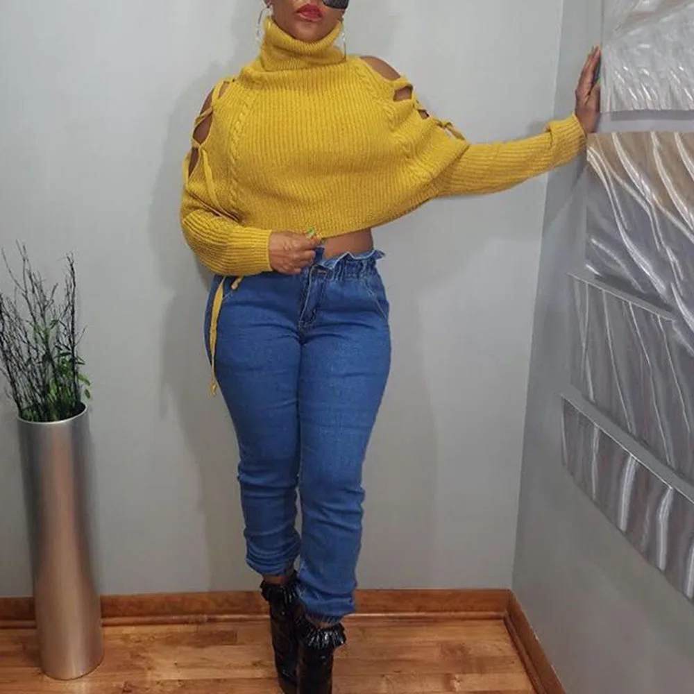 Fashion Turtleneck Sweater Women Autumn Long Sleeve Plain Sexy Cold Shoulder Short Knitted Sweater Yellow Knit Pullovers Tops