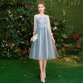 

Bridesmaid Dresses R222 Lace Top Formal Gowns For Women Backless Wedding Guest Dress Long Sleeve A-Line Vestido De Festa 2020