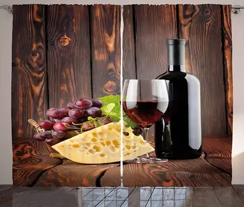 

Wine Kitchen Curtains Red Wine Cabernet Bottle and Glass Cheese and Grapes on Wood Planks Print Home Window Decor