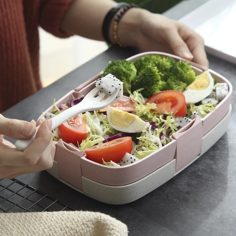 

Wheat Straw Lunch Box Detachable Bento Box Eco-Friendly Student Kid Lunch Box Microwave Compartment Student Adult Food Container