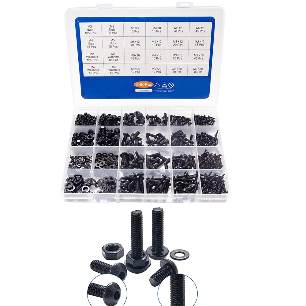 

1060pcs M2 M3 M4 M5 Hex Socket Screw Set Carbon Steel Flat Round Cap Head Screws Bolts and Nuts Assortment Kit with Storage Box