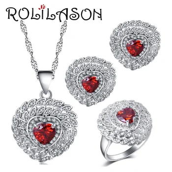 

ROLILASON For lady heart-shaped design red zircon silver Earrings Necklace Rings Jewelry Sets USA size #6#7#8#9#10 JS723