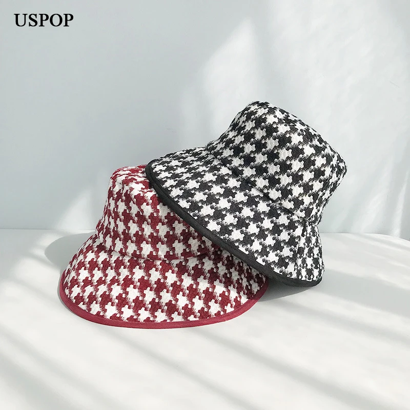 USPOP spring autumn hats women Black white plaid hats female tweed plaid bucket hats