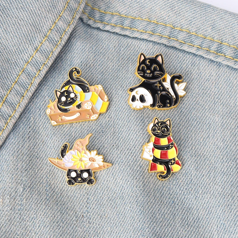 Skull Enamel Pins Hugging Witch Cat Fish Dinosaur Brooch - Temu Germany