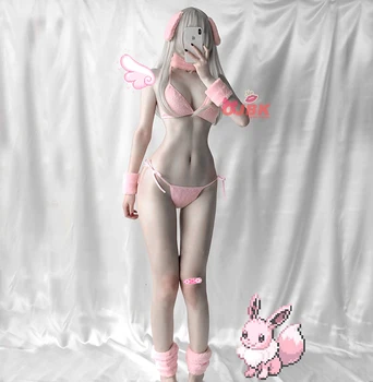 

Rabbit Bikini Set Erotic Outfit For Woman Anime Cosplay Costume DDLG Bunny Girl Sexy Baby Pink Tie Side GString Bra Thong Kawaii