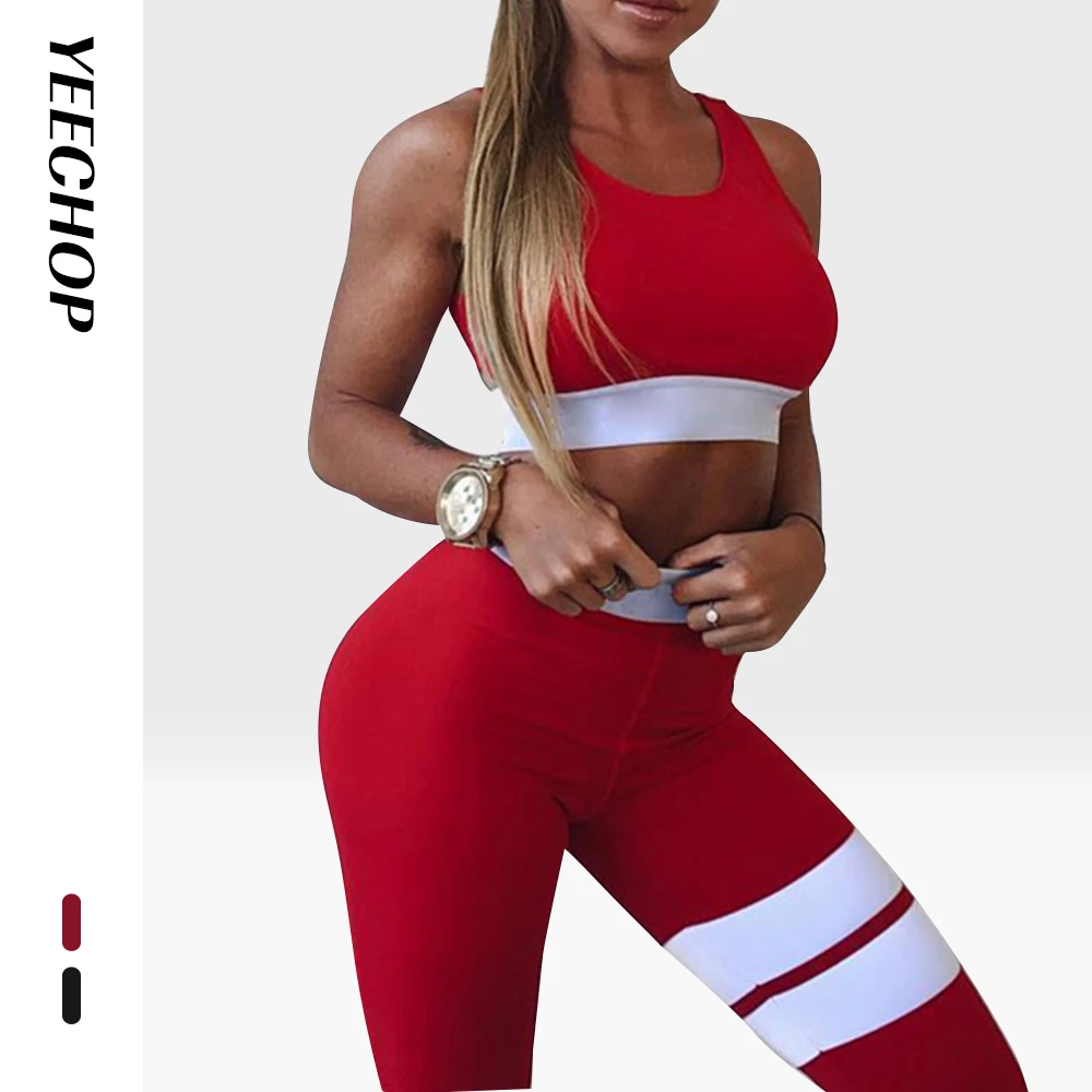 Women Tracksuit Solid Yoga Set Patchwork Running Fitness Jogging T-shirt Leggings Sports Suit Gym Sportswear Workout Clothes S-L