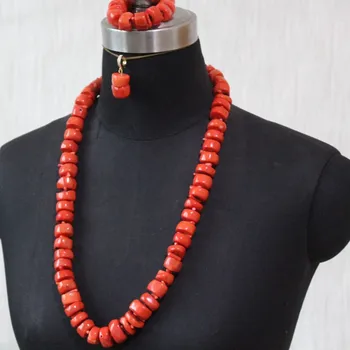 

African Wedding beads Jewelry Set 28 Inches 13mm Orange Real Coral Women Jewellery Set Nigerian Bridal Necklace Earring Bracelet
