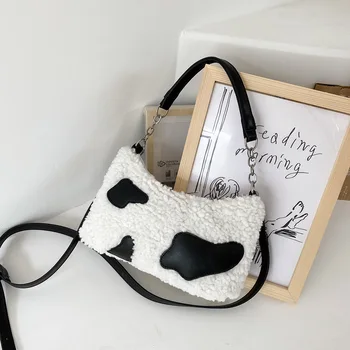 

2020 New Winter Small Shoulder Bags Women Soft Fleece Messenger Bags Cow Milk Pattern Handbags Female Warm Fur Underarm Bags