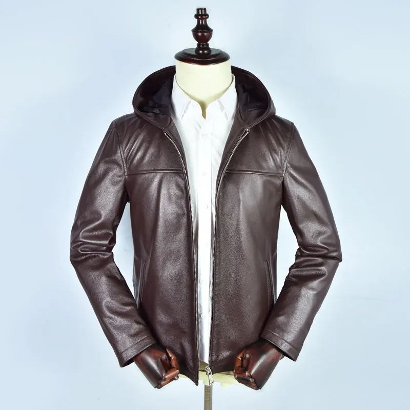 Free shipping.outlet black cow leather jacket.Spring quality genuine