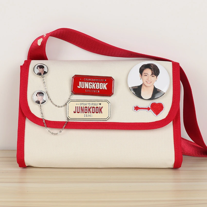 

Kpop Bangtan Metal Brooch Badge Japan Field Same Paragraph FC Limited Package Shoulder Bags White Canvas Bag Makeup Coin Purse