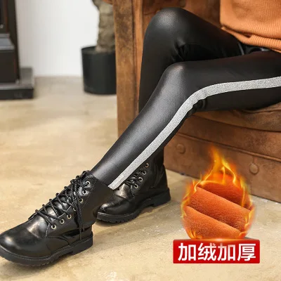 thick fleece Зимние штаны в полоску из искусственной кожи для девочек; теплые флисовые леггинсы для девочек; повседневные теплые детские кожаные леггинсы из овечьей шерсти для девочек - Цвет: thick fleece