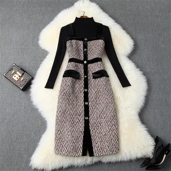 

2019 New Designers Fall Winter Dress Female Casual Vestidos Women Long Sleeve Pullovers Knit Top+Tweed Woolen Dress 2piece Sets