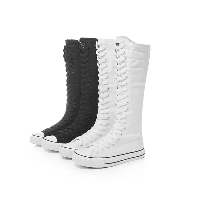 US $16.89 2020 New Spring autumn Women Shoes Canvas Casual High Top Shoes Long Boots Lace-Up Zipper Comfortab