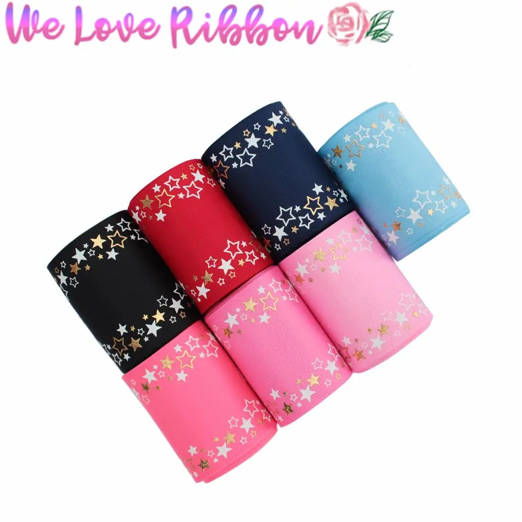 3&quot75mm Star Pattern White Ink Print Glow in the Dark Hologram Gold Foil Solid Color Grosgrain Ribbon DIY Hair Bands 50yards/roll | Дом и