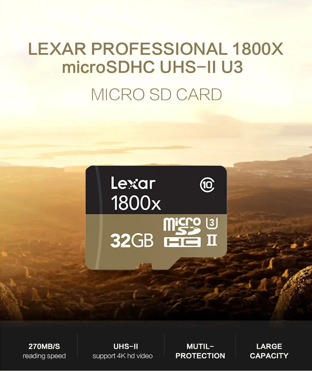 Lexar Профессиональный 1800x microSDXC UHS-II Micro sd-карты объемом 64 Гб оперативной памяти, 32 Гб встроенной памяти до 270 МБ/с. V90 U3 карту памяти SD класса 10 Флэш-Памяти TF карты