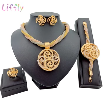 

Indian Wedding Fashion Jewelry Sets Round Necklace Tassel Bracelet Hollow Earrings Ring Elegant Bridal Jewelry