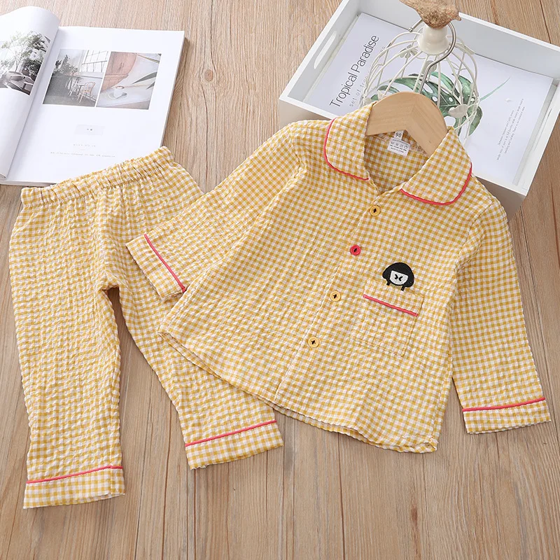 

Girls Plaid Pajamas Suit Spring And Autumn Children Fashion Fold-down Collar Two-Piece Set Childrenswear Baby Long Sleeve Trouse