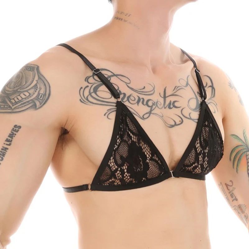Mens Bra Tops Men Erotic Lace Bra Crossdressing Lingerie Spaghetti Straps Adjustable Wire-free Unlined Tops Transparent