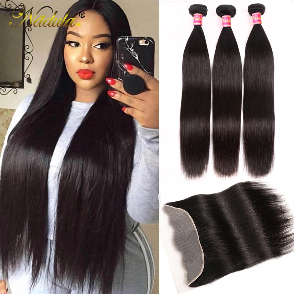 

NADULA HAIR 13*4 Transparent Lace Frontal /Medium Brown Straight Hair Bundles With Frontal Brazilian Hair 3 Bundles with Closure