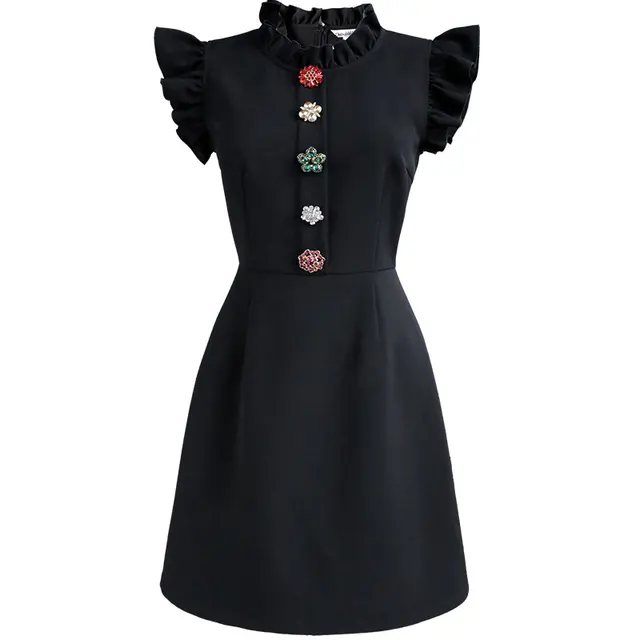 Dabuwawa Exclusive Vintage Black Summer Dress Women Sleeveless Single Breasted A-Line Ruffle Neck Elegant Dress Ladies DO1BDR003 black