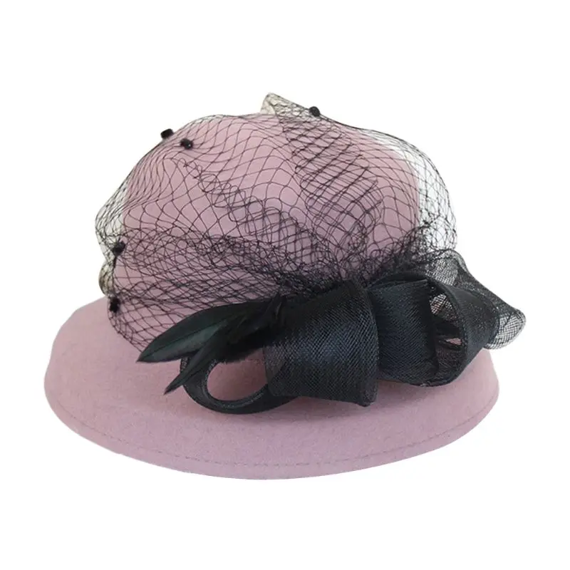 Pink Purple Женская винтажная церковный колокол 1920 s, шапка-вуаль с перьями и сеткой, с бантом, для чая, вечерние, свадебные, зимние, из искусственного фетра - Цвет: Pink Purple