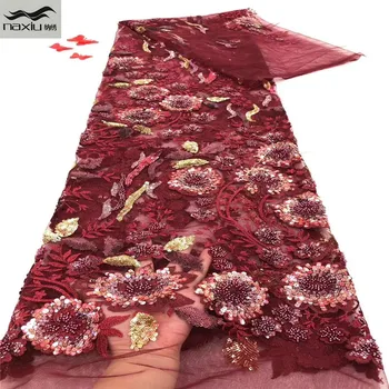 

Madison Nigerian Mesh Lace Fabrics African Handmade Beads Laces Fabrics High Quality French Tulle Lace Fabric for Bridal