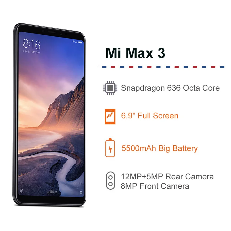  Global Rom Xiaomi Mi Max 3 4GB RAM 64GB ROM Mobile phone Snapdragon 636 Octa Core 5500mAh 12MP+5MP 