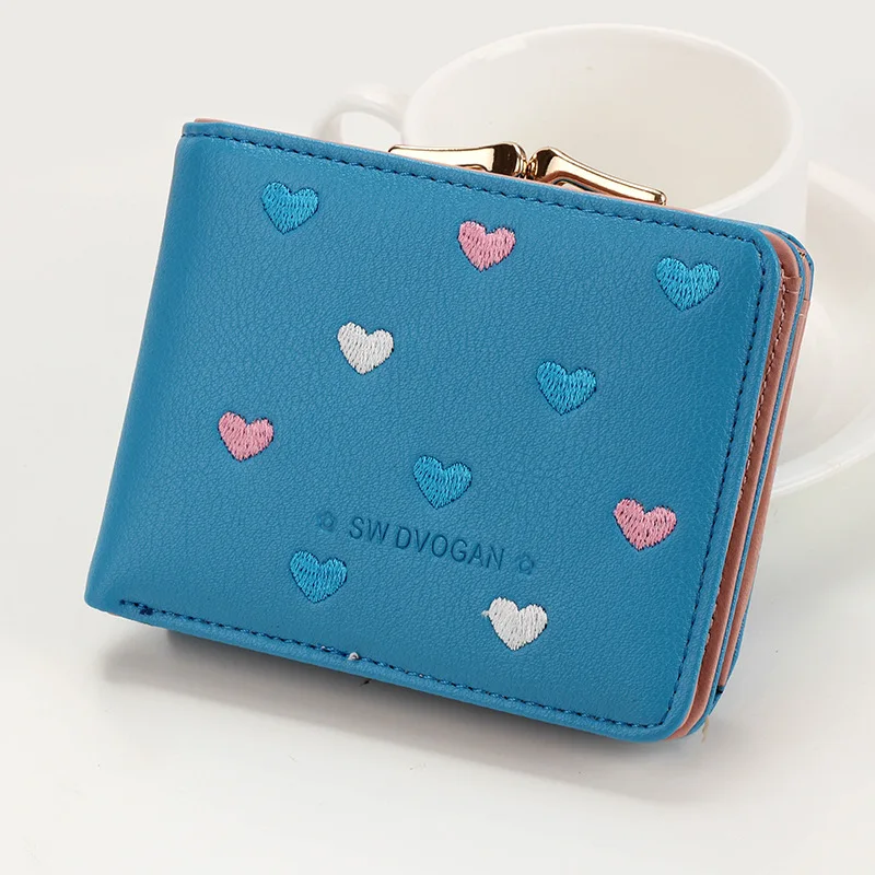 Blue Японский многофункциональный женский мини кошелек карамельный цвет в форме сердца вышивка женский короткий кошелек милый кошелек карта Упаковка - Цвет: Blue