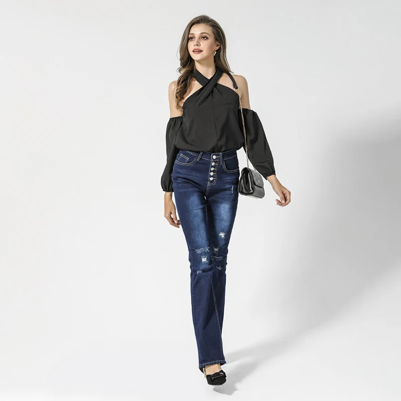 Hot Sale Women's Jeans Casual Button Hole Slim-Fit Flared Bottom Straight Leg Denim Pants Machine Wash Cold Femmal | Женская одежда