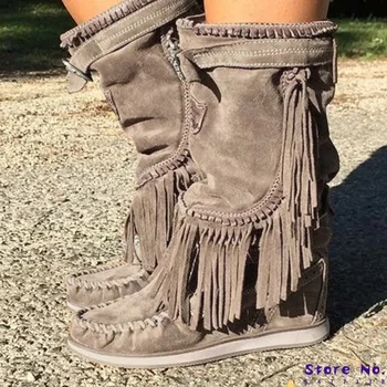 

high Boots fashion gladiator high heels warm autumn simple plus size shoes Booties vintage tassel Shoe botas mujer H150