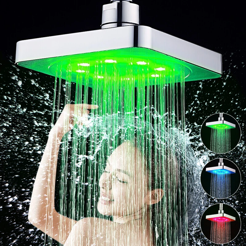 360° Adjustable 6 Inch LED Light Square Rain Shower Head Stainless Steel 3 Color Changing Temperature Control BathroomShowerhead