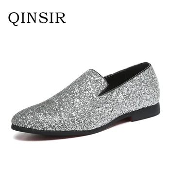 

Glistening Glitter Men Loafers Slippers Slip-on Shoes Mens Dress Shoes Leather Flat Sequins Formal Dress sapato wedding shoes