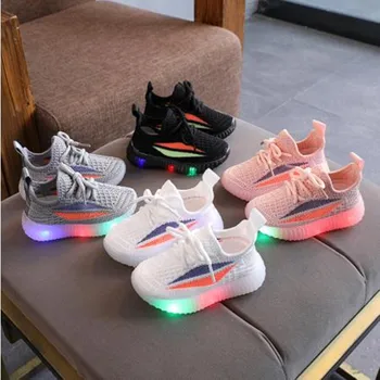 

Spring Summer Children Shoes Knitting Breathable Casual Boys Girls Shoes Soft Anti-Slip Baby Sneakers Kids Led Shoes With Lights