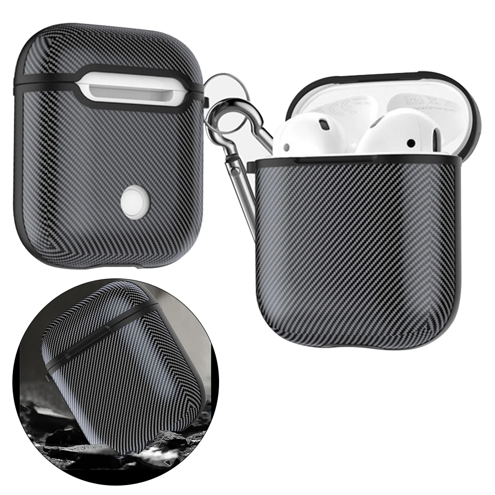 

Soft TPU Earphone Case For Apple AirPods 1 2 Carbon Fiber Smooth Dust-proof Protective Skin Cover With Hook Keychain For Airpods