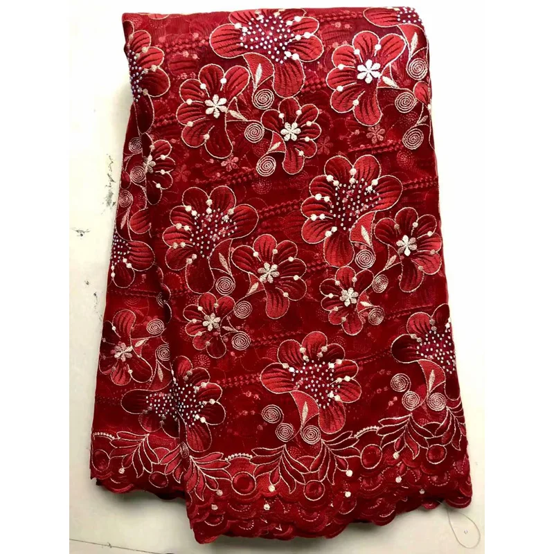 

Latest red flower Lace Fabric Best Quality Europe And American Fashional Fabric With Beads Stone French lace Fabrics