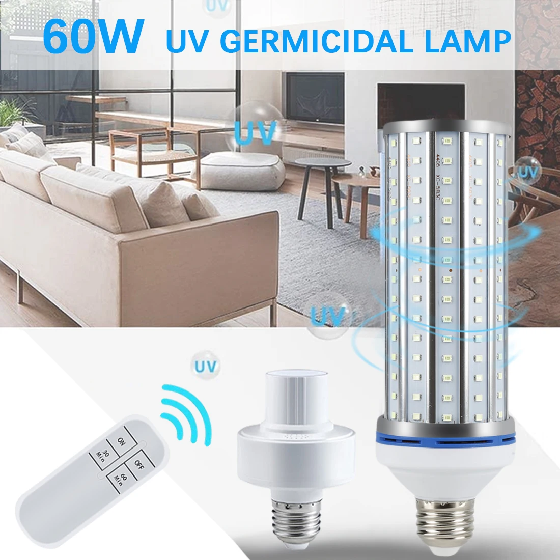 

60W UV Germicidal Lamp E27 Led UVC Light Bulb Remote Control Household Disinfection Light timing Killing Virus Mite Bacteria