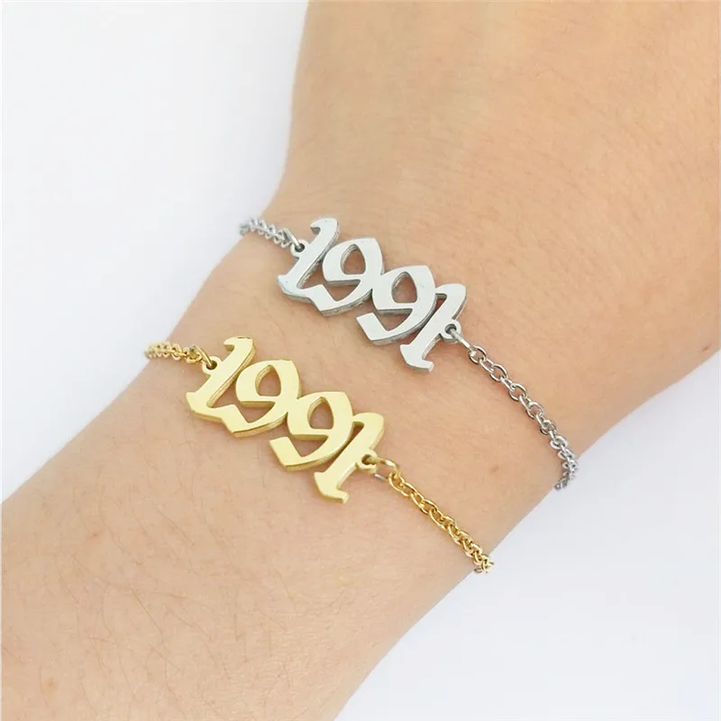 

BFF Jewelry Date Of Birth Year 1991 Charm Bracelet Stainless Steel Chain Old English Number Bransoletki Damskie Birthday Gift