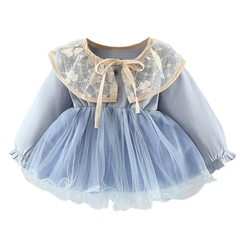 

Baby Girls Tulle Princess Dress Toddler Solid Patchwork Lace Peter Pan Collar Long Sleeved Ruched Ruffles Bow Dress 6M-3T A20