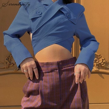 

SRDP Cross Notched Casual Blue Backless Crop Blouses Shirts Women Short Buttons Autumn Winter Elegant Tops Slim Long Sleeve Top