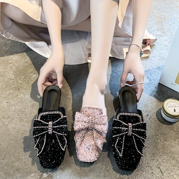 

Shoes Woman 2020 Glitter Slides Slippers Casual Cover Toe Low Slipers Women Butterfly-knot Jelly Luxury Flat New Square Crystal