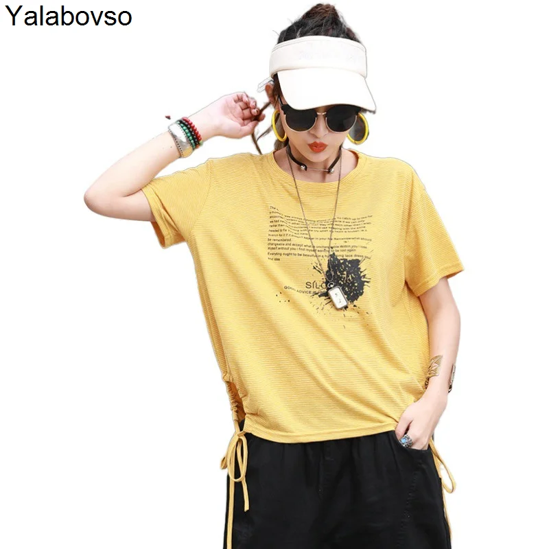 

Side Bandage Solid Color Trend Tops Summer Newest Women's Printed Plaid T Shirt Loose Short Sleeves Pullover Tees For Female