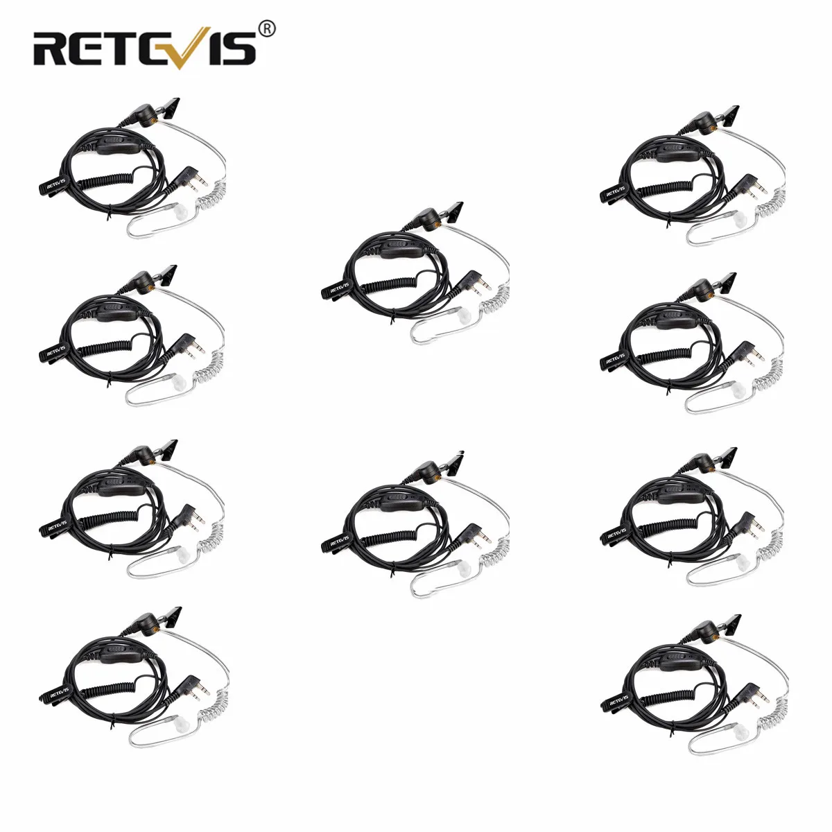 Retevis 10pcs 2Pin Walkie Talkie Earphones Acoustic Tube Headset With PTT MIC For Kenwood Puxing Retevis Baofeng UV5R UV82 UV9R
