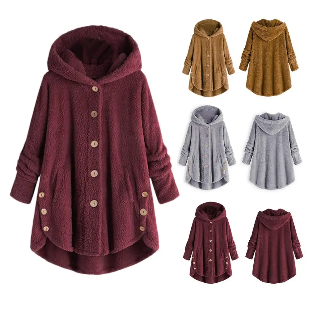 Skup Kobiety Plus rozmiar Winter Warm miękka kieszeń na guzik płaszcz kurtka kobieta śliczne ucho kaptur pluszowy płaszcz z długim rękawem Solid Color znosić