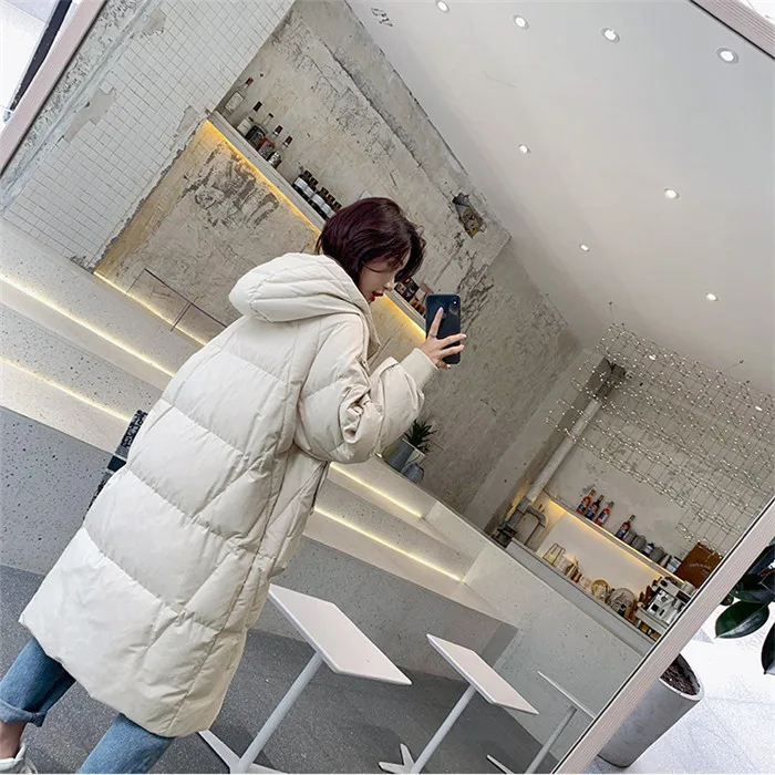Пуховик зимнее женское пальто длинное выше колена с капюшоном модная теплая верхняя одежда однотонное белое пуховое пальто JIU150