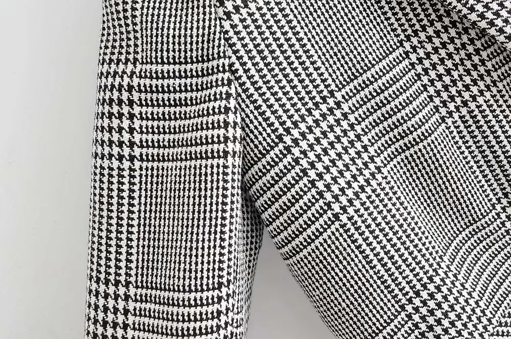 WT908 European Design Double Breasted Houndstooth Plaid Long Sleeve Casual Blazer Streetwear