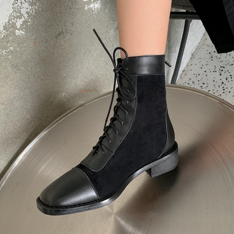 

INS HOT Women Ankle Boots flock+cowhide outdoor booties Europe and America online celebrity boots women Fashion short boots