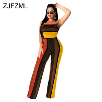 

Sexy Rainbow Striped Strapless Jumpsuit Women Backless Sleeveless Straight Rompers Elegant Plus Size One Piece Ladies Jumpsuits