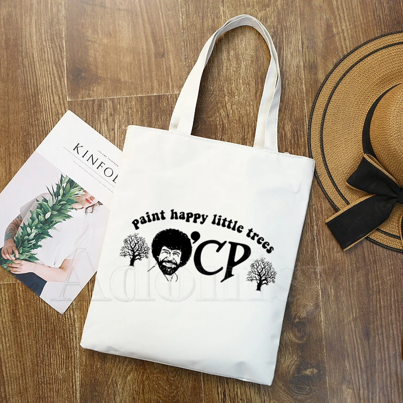 

Bob Ross Happy Trees Canvas Simple Cartoon Print Shopping Bags Girls Fashion Life Casual Pacakge Hand Bag